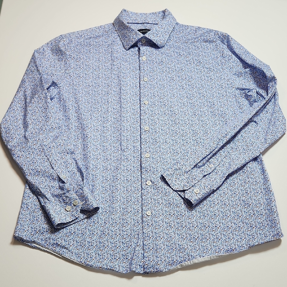 Bugatchi Men’s XXL Button Up Shirt Blue Brown Print 8-Way Stretch Long Sleeve